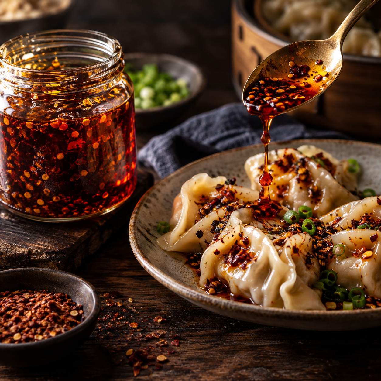 Homemade chili oil served with dumplings