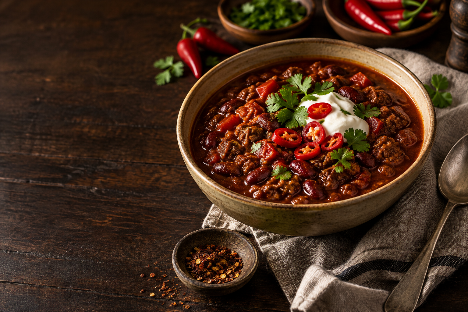 A bowl of smoky chili with fresh herbs